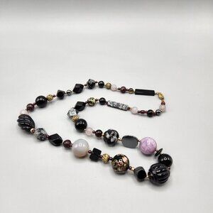 Stone Bead Necklace Rose Quartz Snowflake Obsidian Cloisonne Gradient 30"